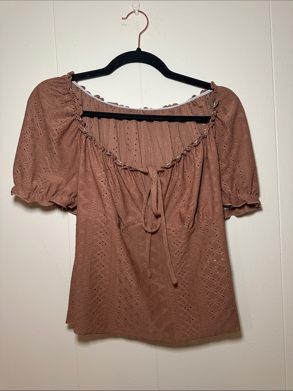 SHEIN Brown Eyelet Peasant Blouse with Tie Neck